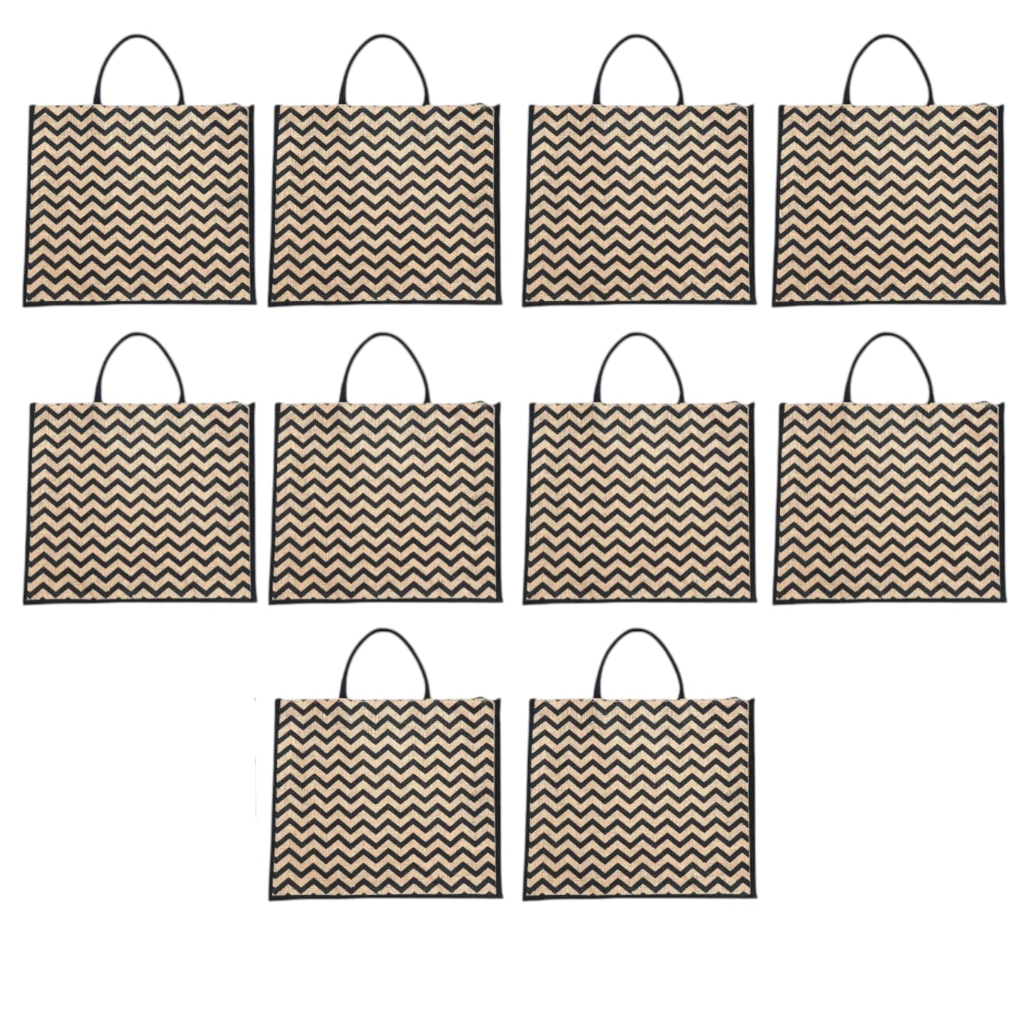 Black Zigzag Printed Jute Bag with Zipper | Eco-Friendly Reusable Shopping Tote | 16×14×6 inch