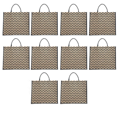 Black Zigzag Printed Jute Bag with Zipper | Eco-Friendly Reusable Shopping Tote | 16×14×6 inch