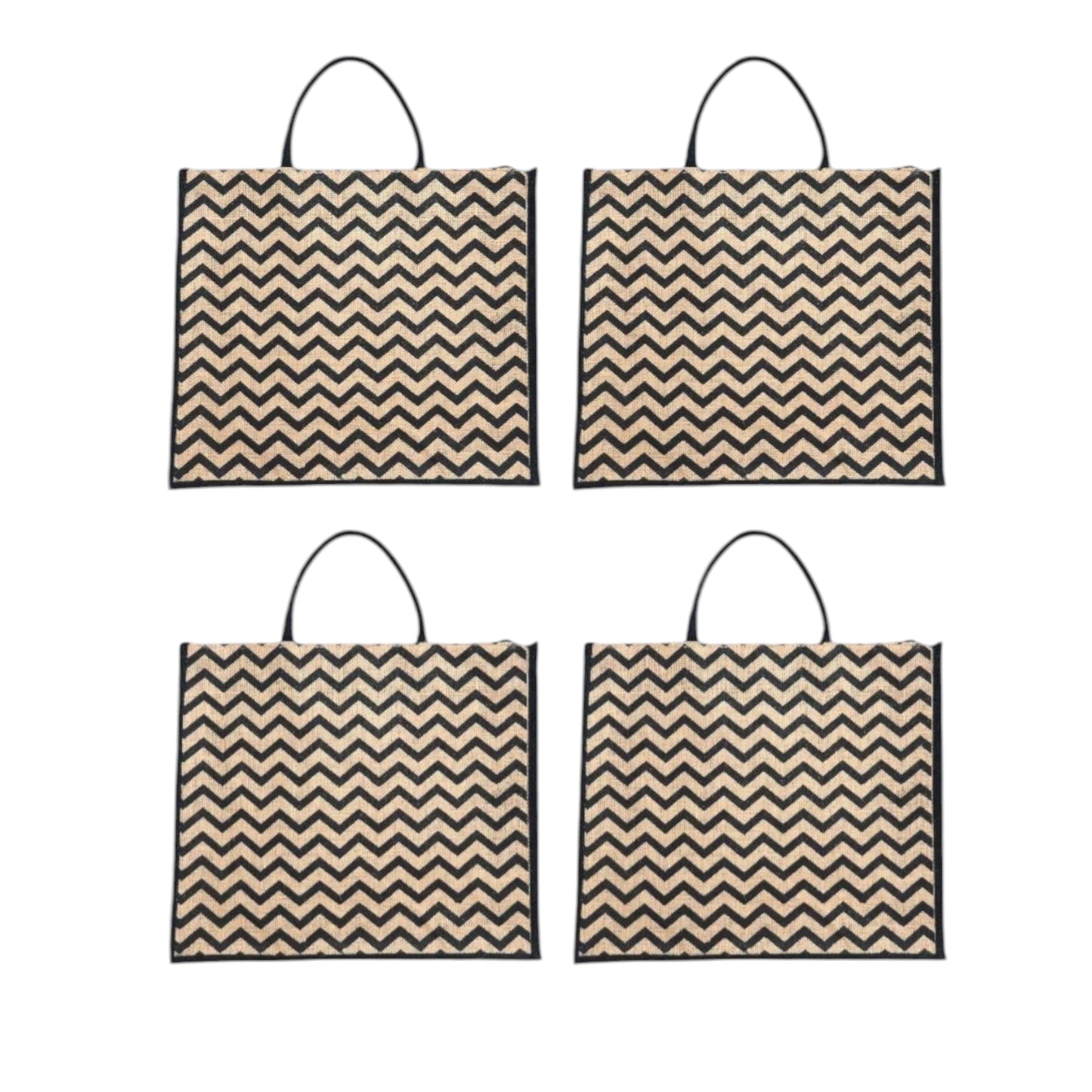 Black Zigzag Printed Jute Bag with Zipper | Eco-Friendly Reusable Shopping Tote | 16×14×6 inch