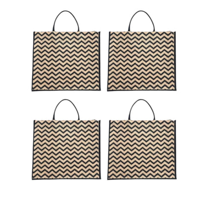 Black Zigzag Printed Jute Bag with Zipper | Eco-Friendly Reusable Shopping Tote | 16×14×6 inch