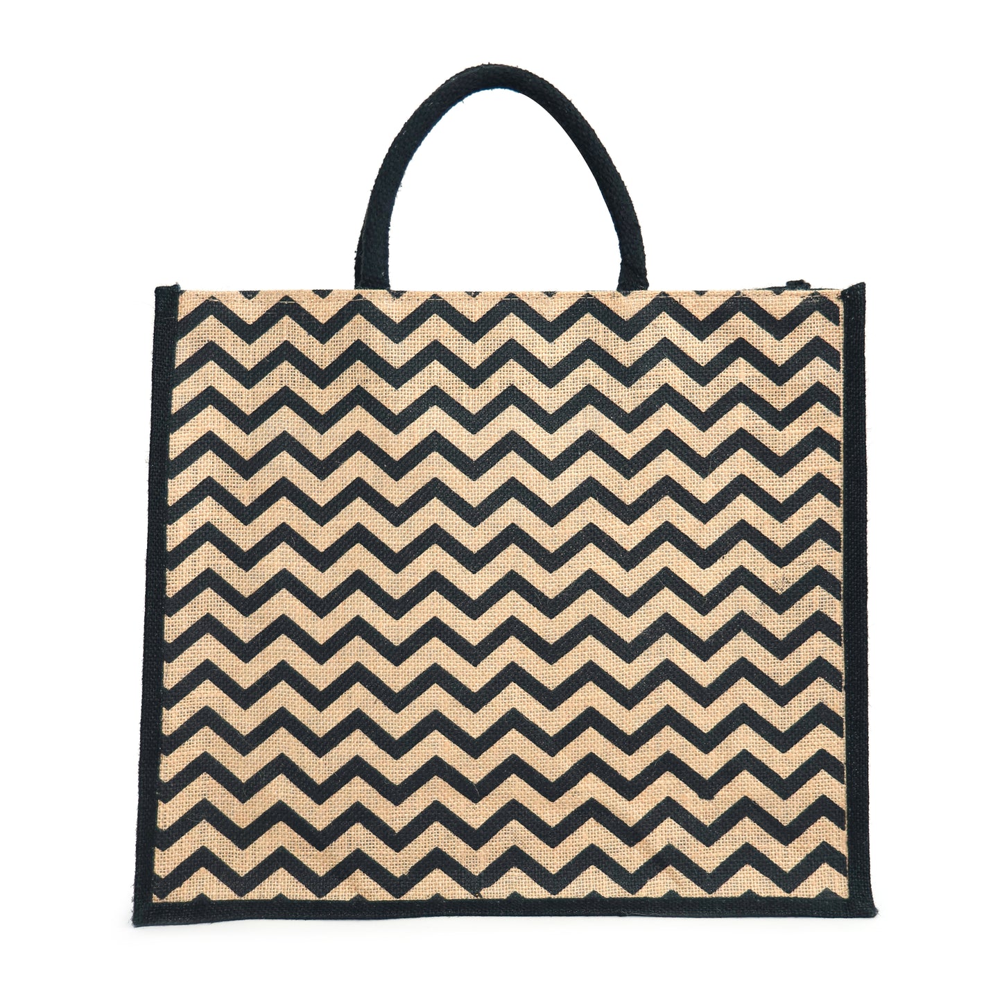 Black Zigzag Printed Jute Bag with Zipper | Eco-Friendly Reusable Shopping Tote | 16×14×6 inch