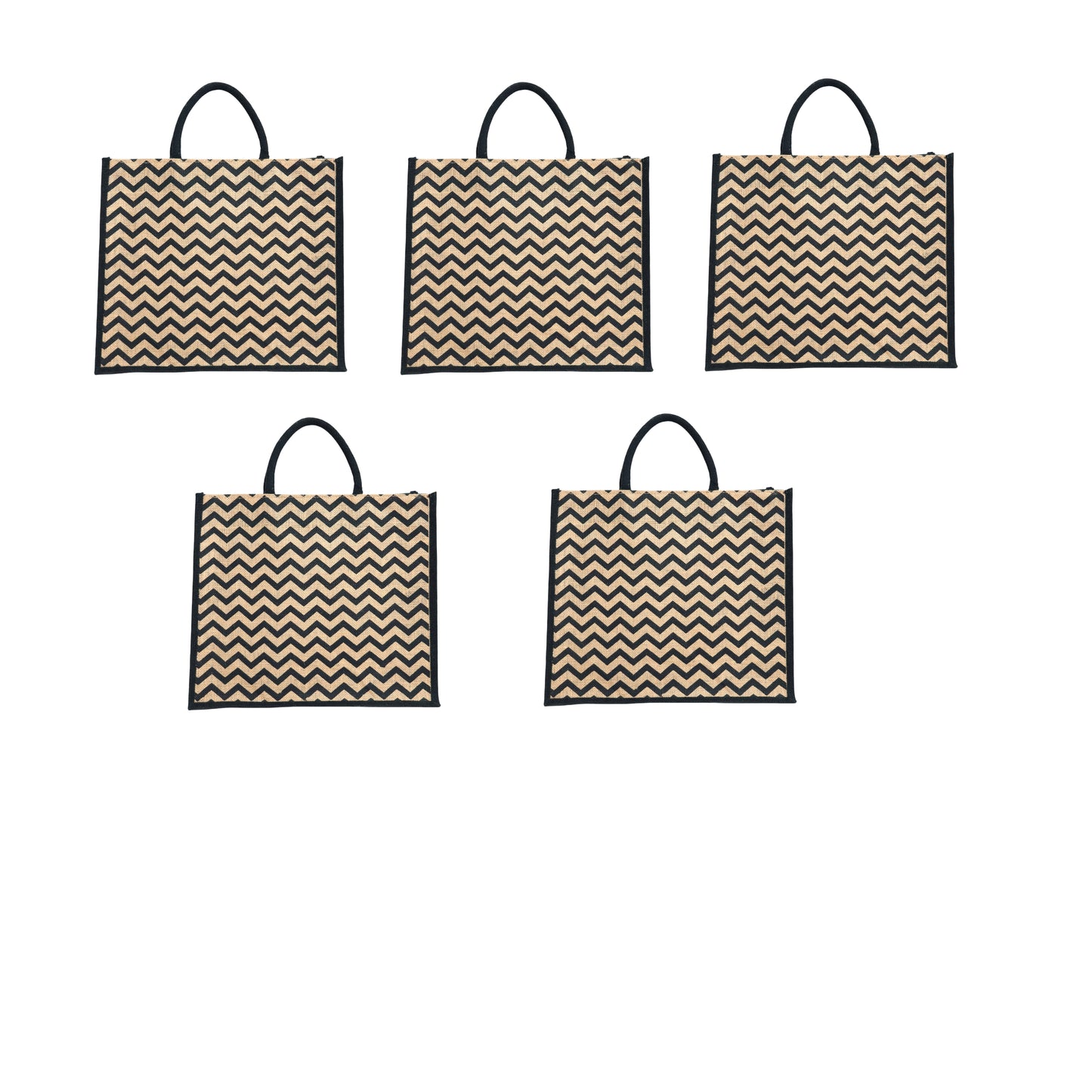 Black Zigzag Printed Jute Bag with Zipper | Eco-Friendly Reusable Shopping Tote | 16×14×6 inch