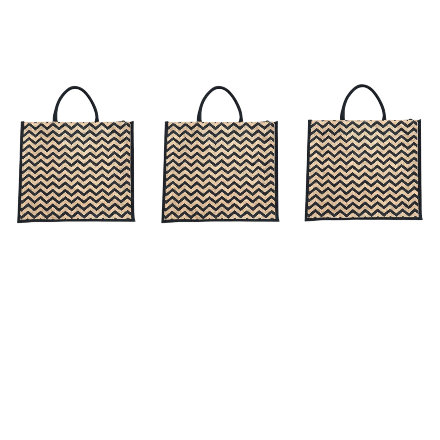 Black Zigzag Printed Jute Bag with Zipper | Eco-Friendly Reusable Shopping Tote | 16×14×6 inch