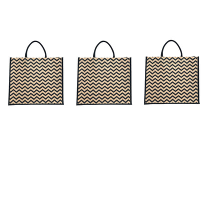 Black Zigzag Printed Jute Bag with Zipper | Eco-Friendly Reusable Shopping Tote | 16×14×6 inch