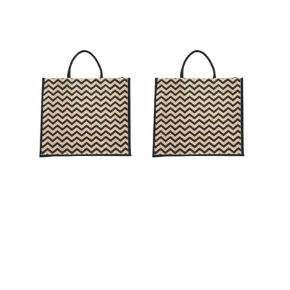Black Zigzag Printed Jute Bag with Zipper | Eco-Friendly Reusable Shopping Tote | 16×14×6 inch