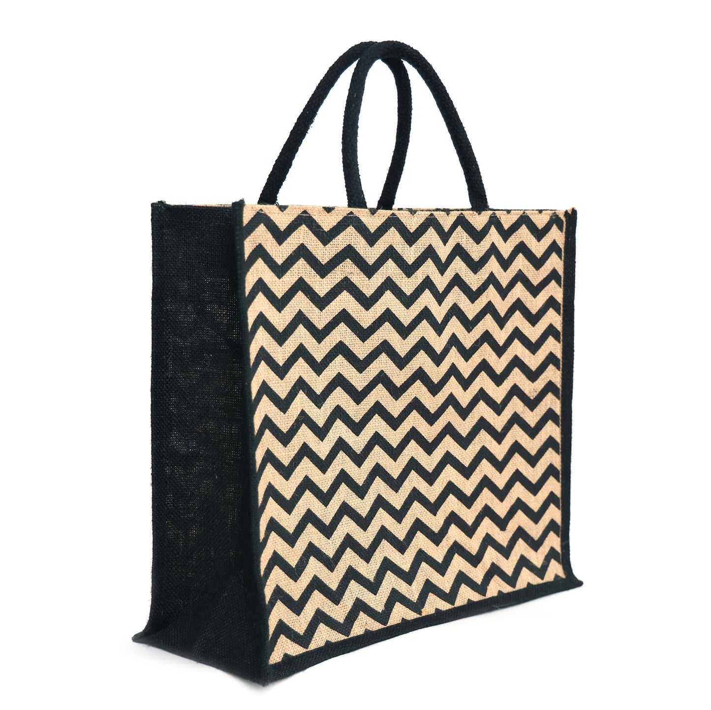 Black Zigzag Printed Jute Bag with Zipper | Eco-Friendly Reusable Shopping Tote | 16×14×6 inch