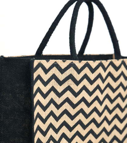 Black Zigzag Printed Jute Bag with Zipper | Eco-Friendly Reusable Shopping Tote | 16×14×6 inch