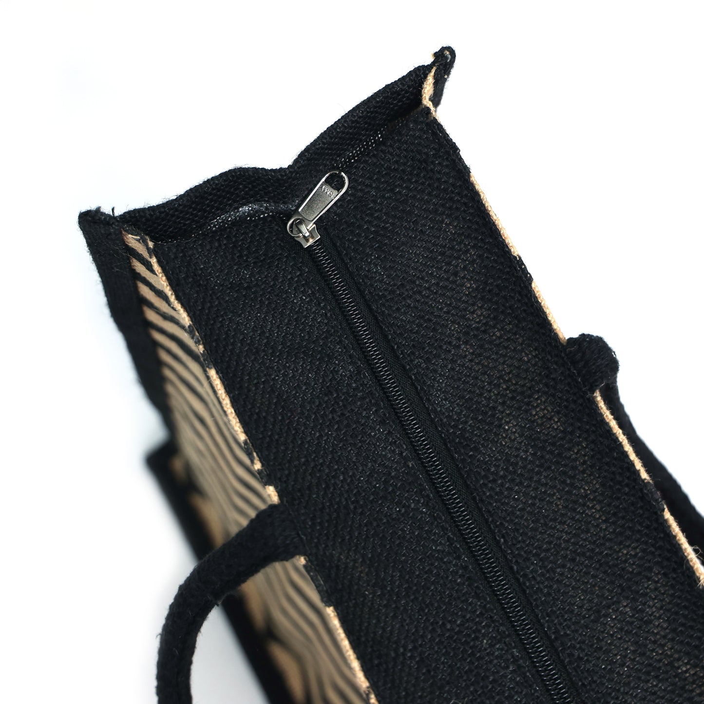Black Zigzag Printed Jute Bag with Zipper | Eco-Friendly Reusable Shopping Tote | 16×14×6 inch