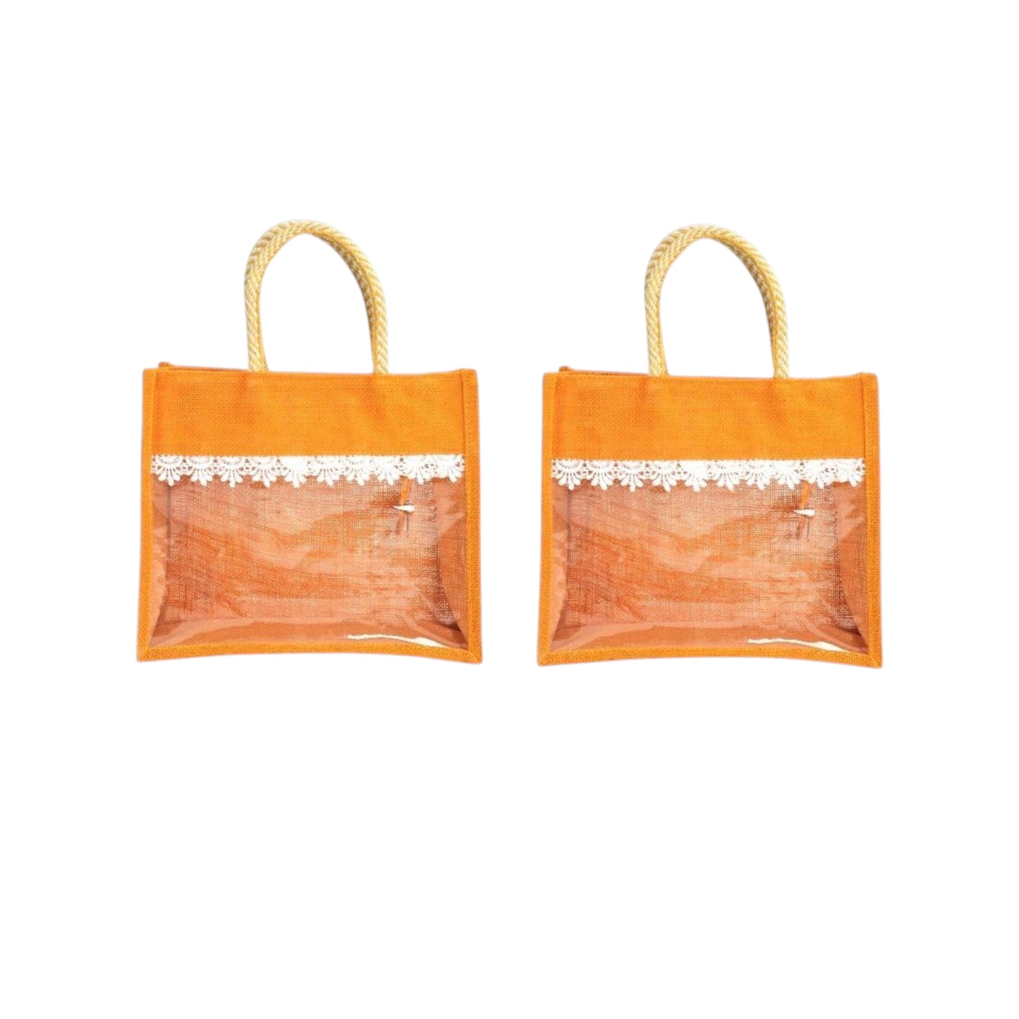 Clear Window Jute Gift Bag with Lace Border & Zipper | Reusable Hamper Tote – Orange, Blue & Pink (12×10×5 inch)