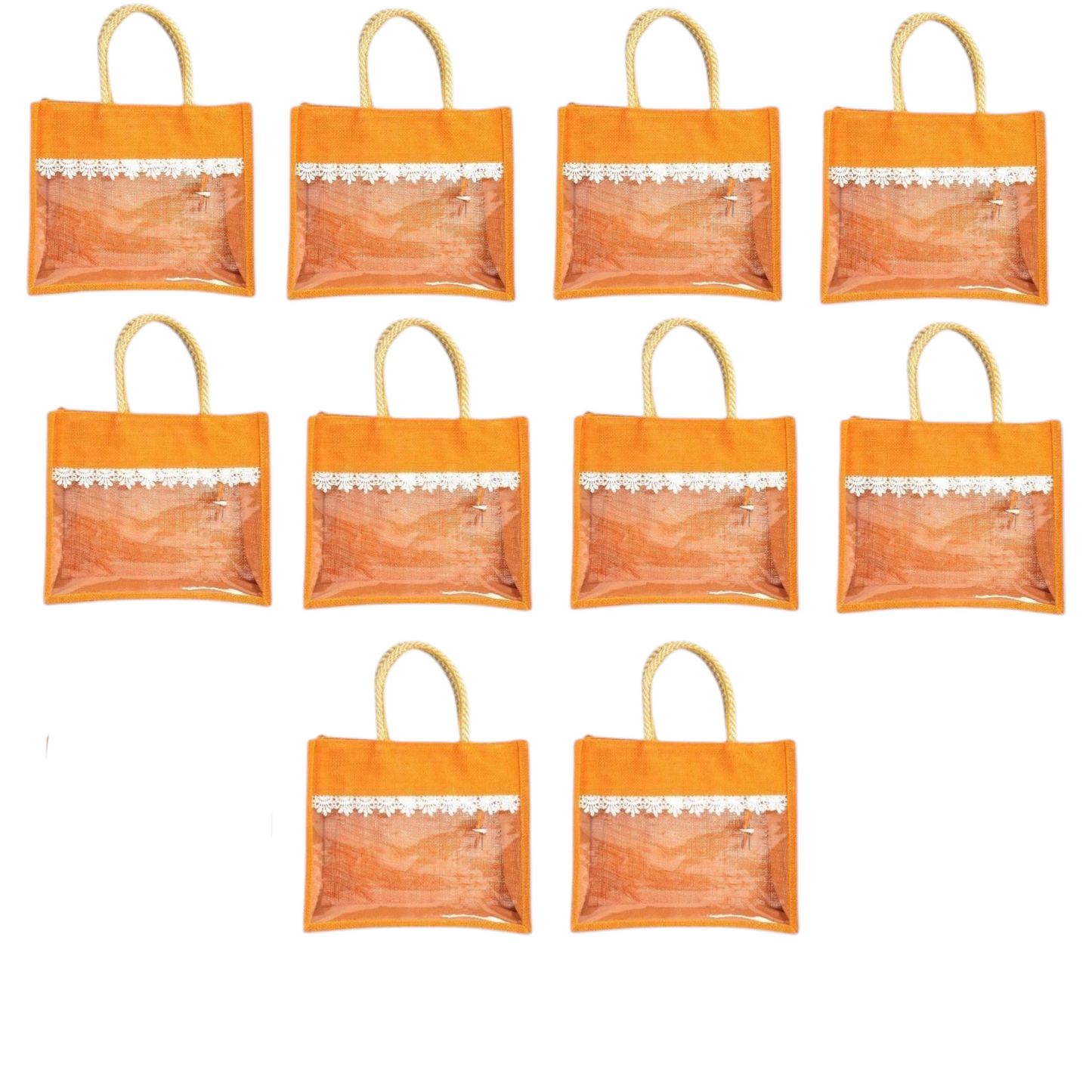 Clear Window Jute Gift Bag with Lace Border & Zipper | Reusable Hamper Tote – Orange, Blue & Pink (12×10×5 inch)