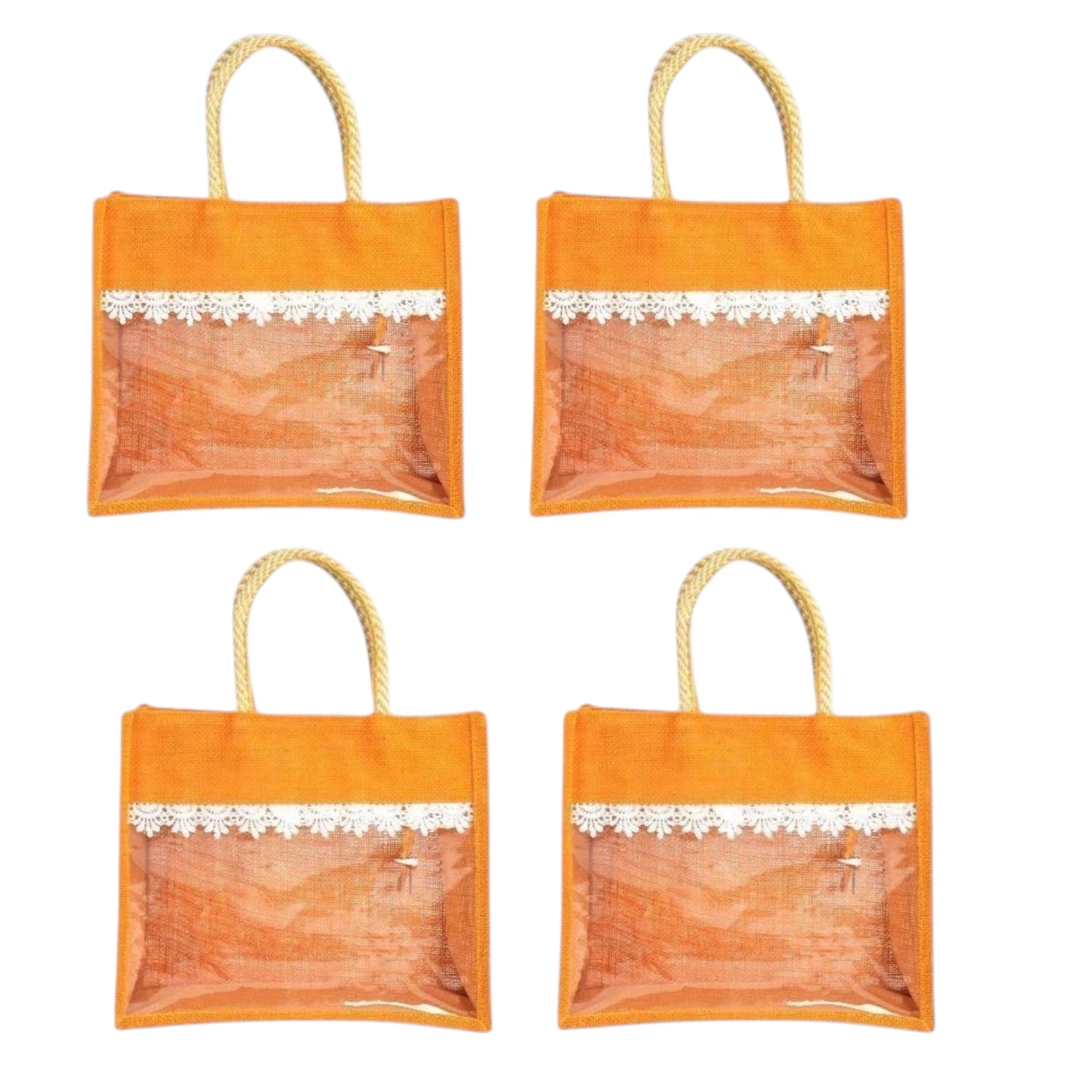 Clear Window Jute Gift Bag with Lace Border & Zipper | Reusable Hamper Tote – Orange, Blue & Pink (12×10×5 inch)