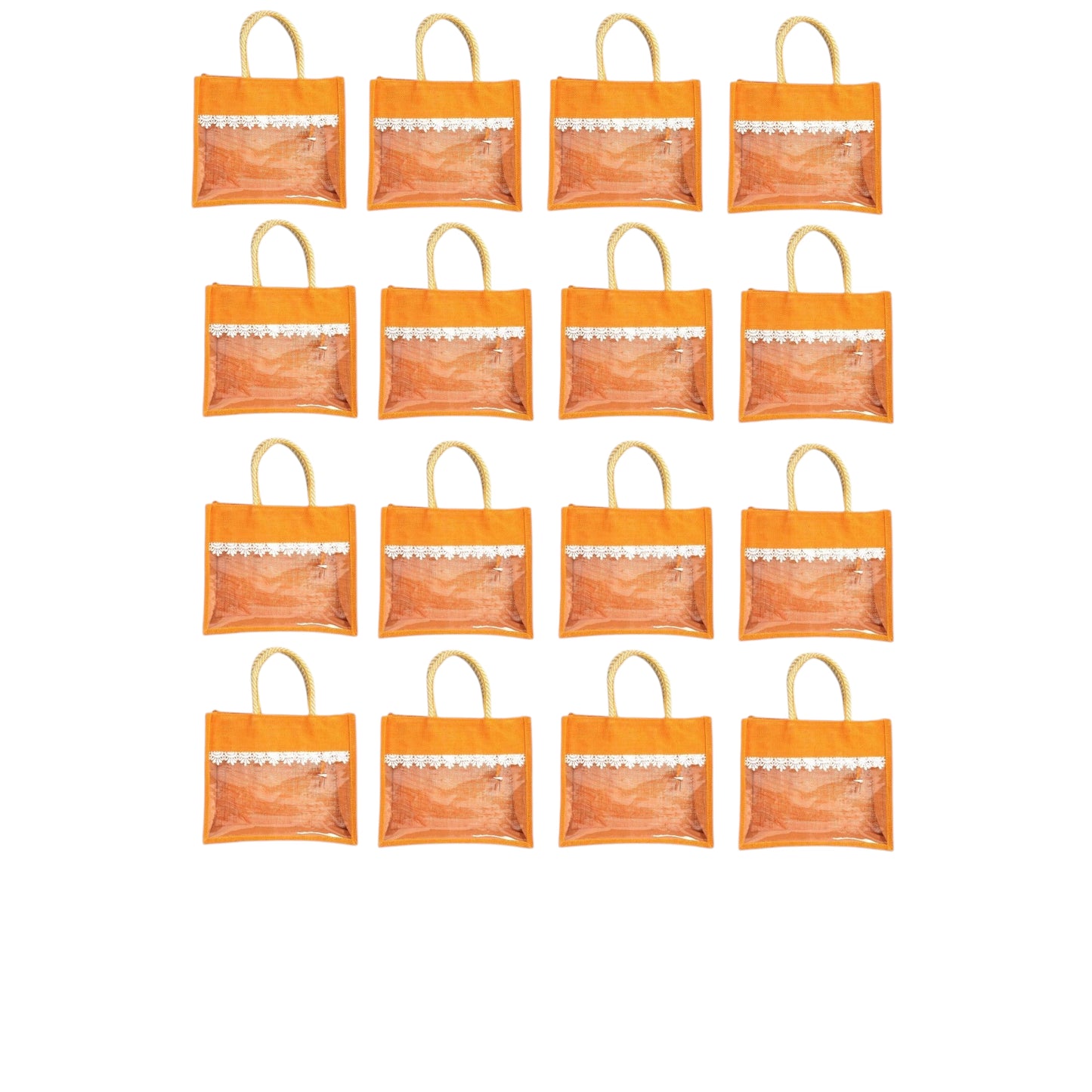 Clear Window Jute Gift Bag with Lace Border & Zipper | Reusable Hamper Tote – Orange, Blue & Pink (12×10×5 inch)