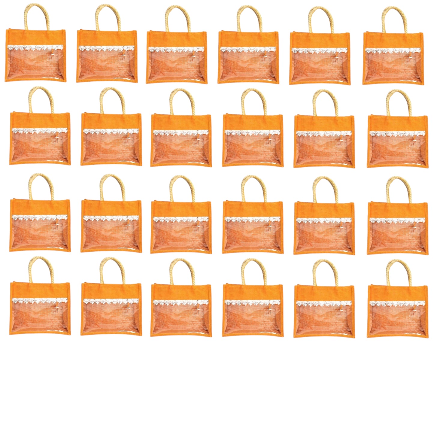 Clear Window Jute Gift Bag with Lace Border & Zipper | Reusable Hamper Tote – Orange, Blue & Pink (12×10×5 inch)