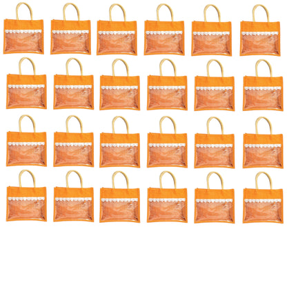 Clear Window Jute Gift Bag with Lace Border & Zipper | Reusable Hamper Tote – Orange, Blue & Pink (12×10×5 inch)