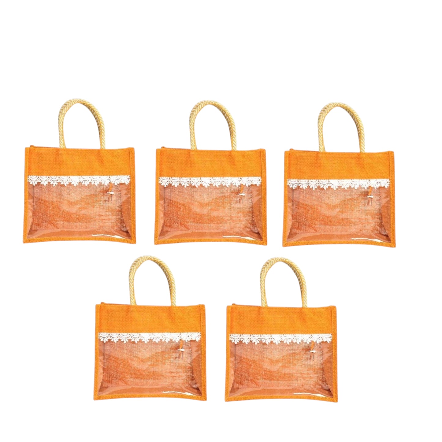 Clear Window Jute Gift Bag with Lace Border & Zipper | Reusable Hamper Tote – Orange, Blue & Pink (12×10×5 inch)
