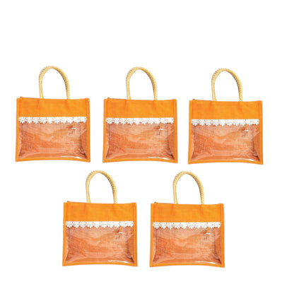 Clear Window Jute Gift Bag with Lace Border & Zipper | Reusable Hamper Tote – Orange, Blue & Pink (12×10×5 inch)