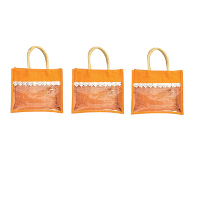 Clear Window Jute Gift Bag with Lace Border & Zipper | Reusable Hamper Tote – Orange, Blue & Pink (12×10×5 inch)
