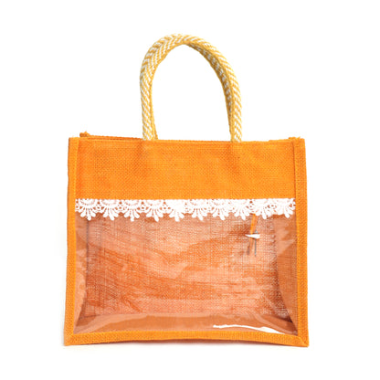 Clear Window Jute Gift Bag with Lace Border & Zipper | Reusable Hamper Tote – Orange, Blue & Pink (12×10×5 inch)