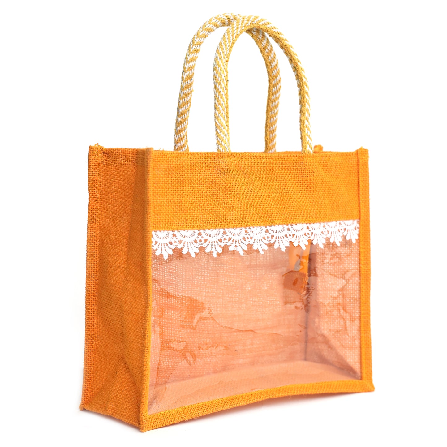 Clear Window Jute Gift Bag with Lace Border & Zipper | Reusable Hamper Tote – Orange, Blue & Pink (12×10×5 inch)