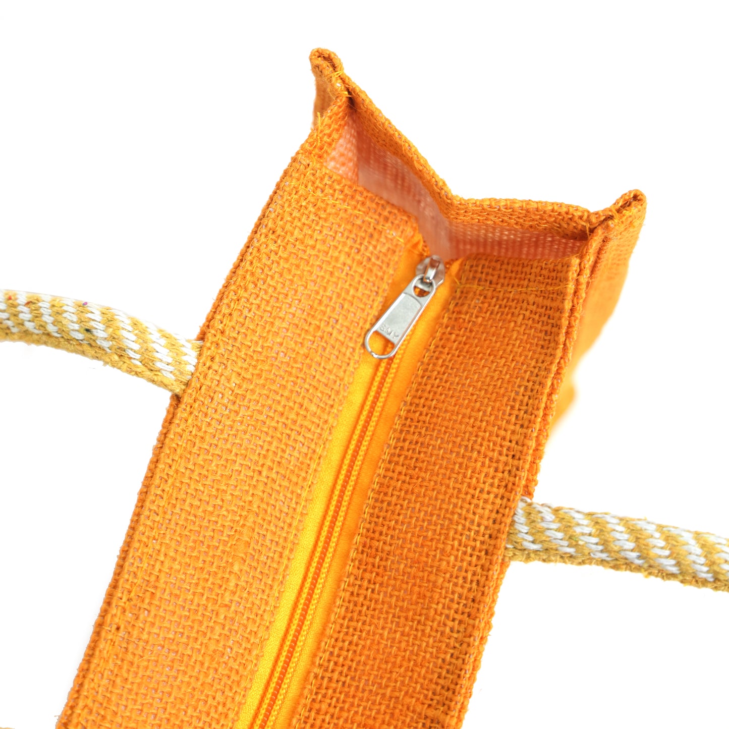 Clear Window Jute Gift Bag with Lace Border & Zipper | Reusable Hamper Tote – Orange, Blue & Pink (12×10×5 inch)