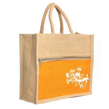 Jute Bag Blue Floral Design with Zip Pocket | Eco-Friendly Reusable Shopping Bag | Multipurpose Carry Bag for Women & Men | Size 30.5 × 25.4 × 12.7 cm