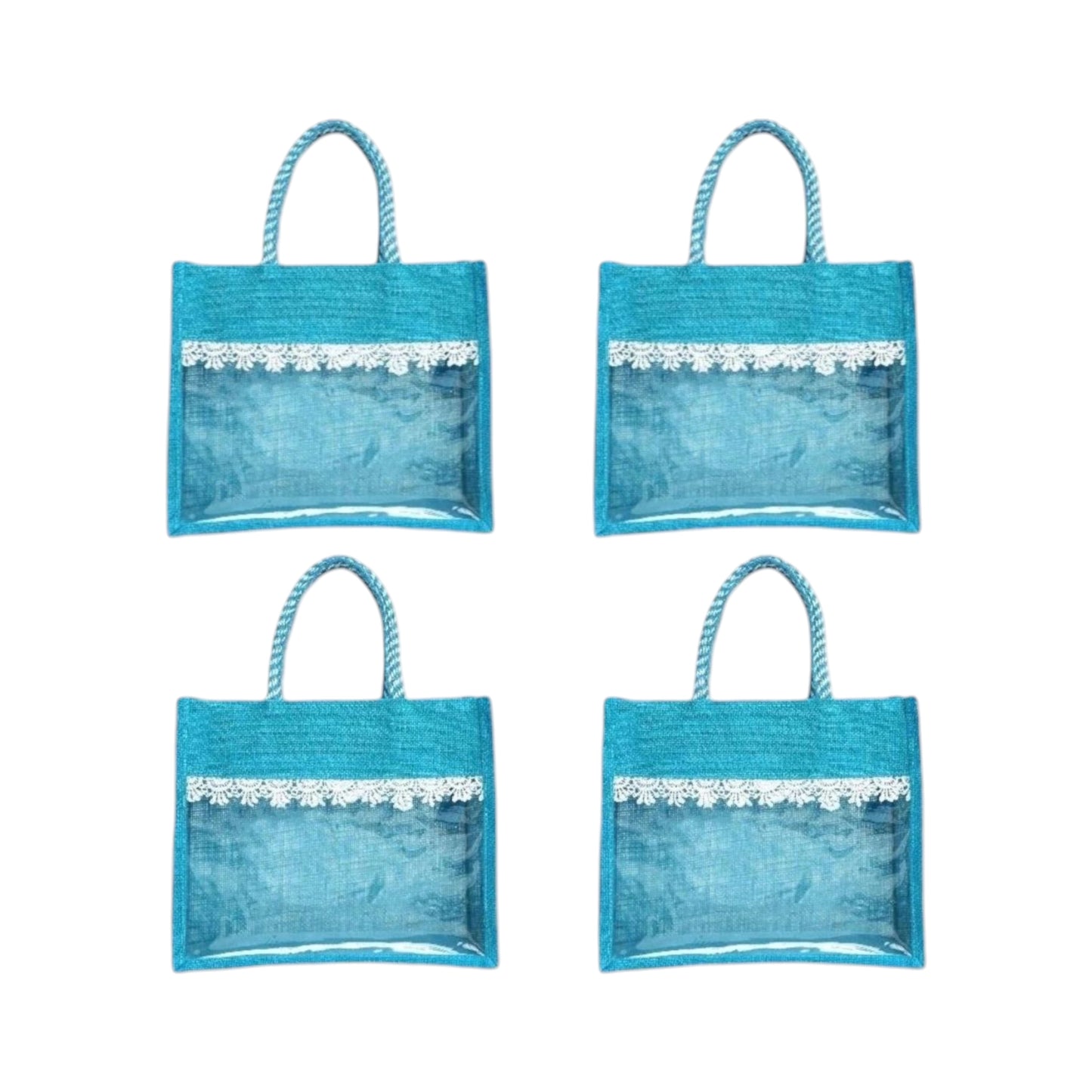 Clear Window Jute Gift Bag with Lace Border & Zipper | Reusable Hamper Tote – Orange, Blue & Pink (12×10×5 inch)