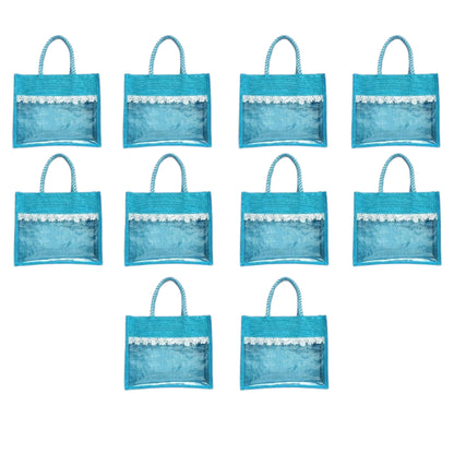 Clear Window Jute Gift Bag with Lace Border & Zipper | Reusable Hamper Tote – Orange, Blue & Pink (12×10×5 inch)