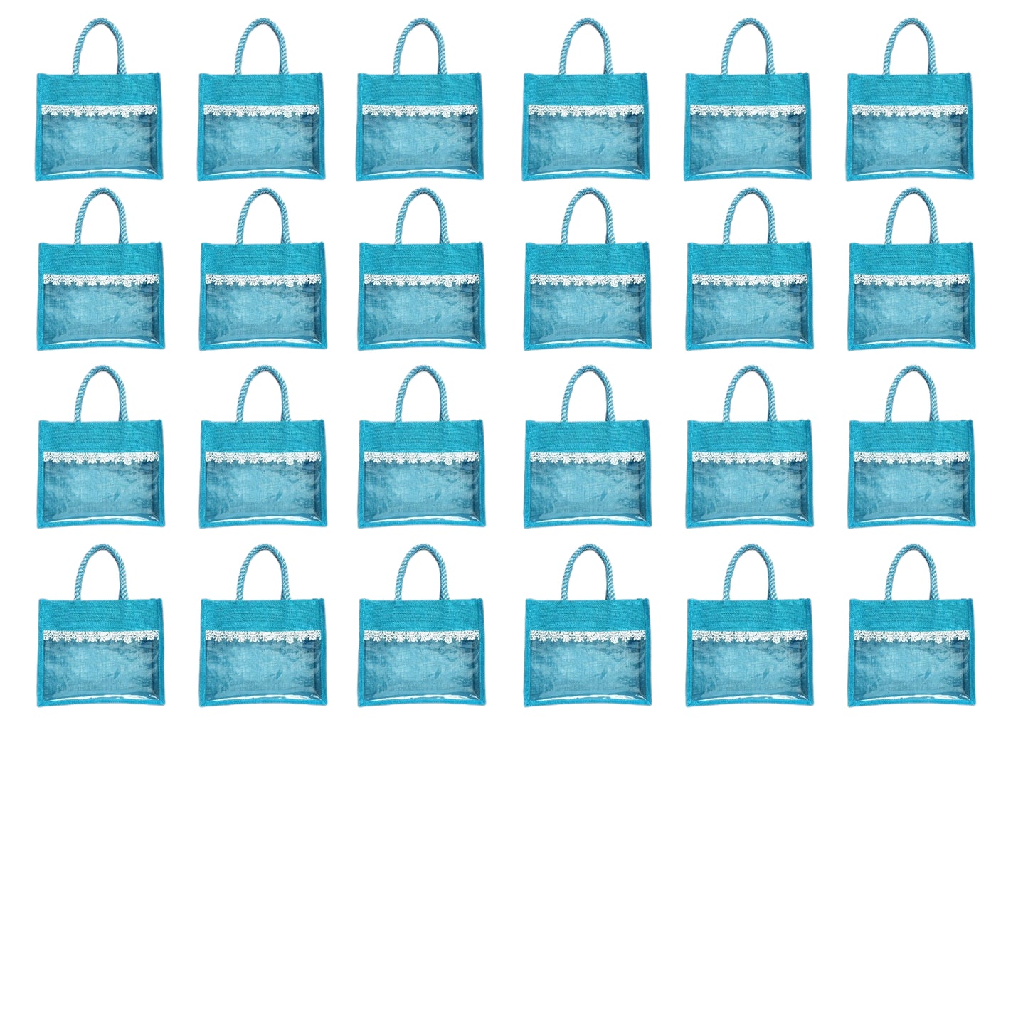 Clear Window Jute Gift Bag with Lace Border & Zipper | Reusable Hamper Tote – Orange, Blue & Pink (12×10×5 inch)