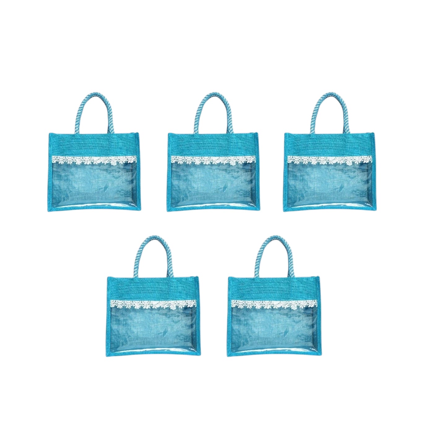 Clear Window Jute Gift Bag with Lace Border & Zipper | Reusable Hamper Tote – Orange, Blue & Pink (12×10×5 inch)