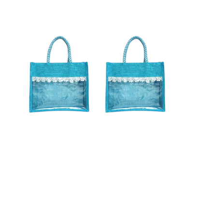 Clear Window Jute Gift Bag with Lace Border & Zipper | Reusable Hamper Tote – Orange, Blue & Pink (12×10×5 inch)