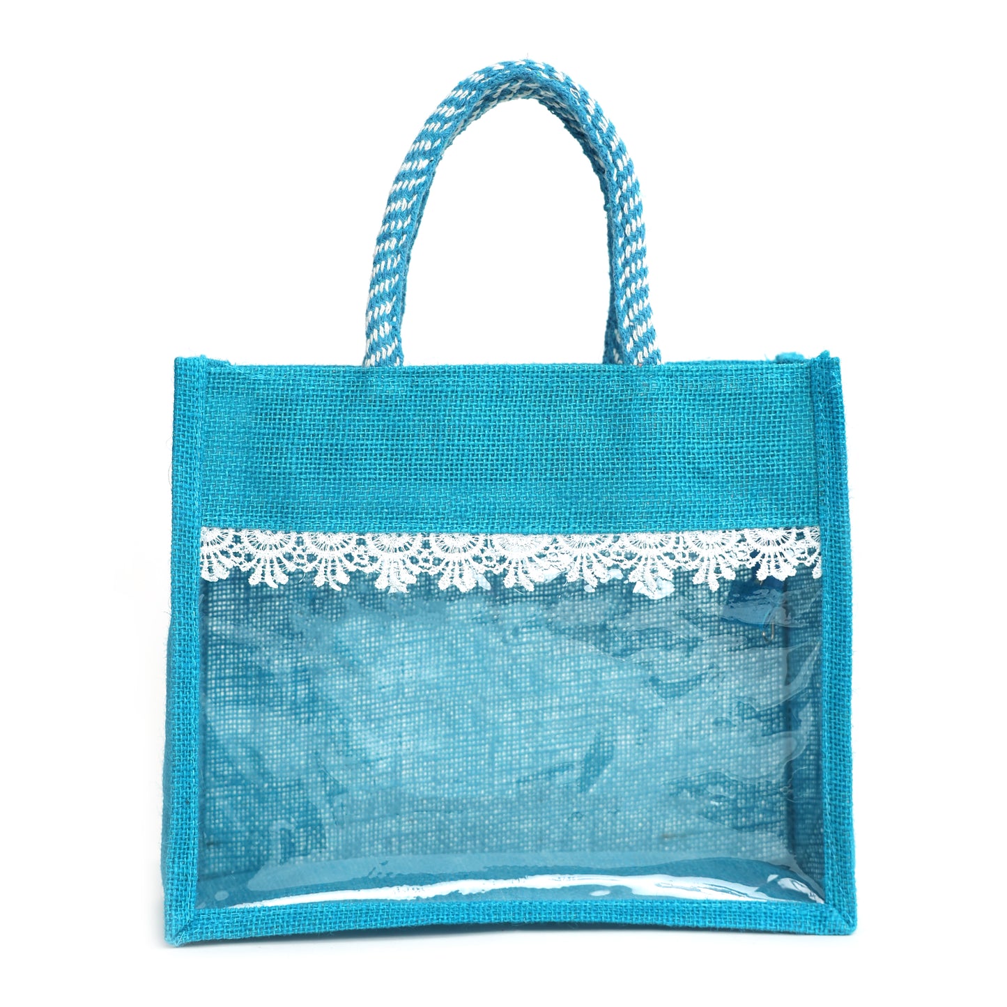 Clear Window Jute Gift Bag with Lace Border & Zipper | Reusable Hamper Tote – Orange, Blue & Pink (12×10×5 inch)