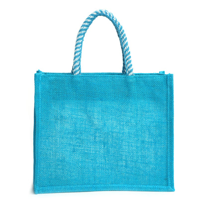 Clear Window Jute Gift Bag with Lace Border & Zipper | Reusable Hamper Tote – Orange, Blue & Pink (12×10×5 inch)