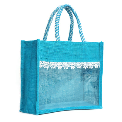 Clear Window Jute Gift Bag with Lace Border & Zipper | Reusable Hamper Tote – Orange, Blue & Pink (12×10×5 inch)