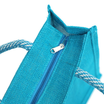 Clear Window Jute Gift Bag with Lace Border & Zipper | Reusable Hamper Tote – Orange, Blue & Pink (12×10×5 inch)