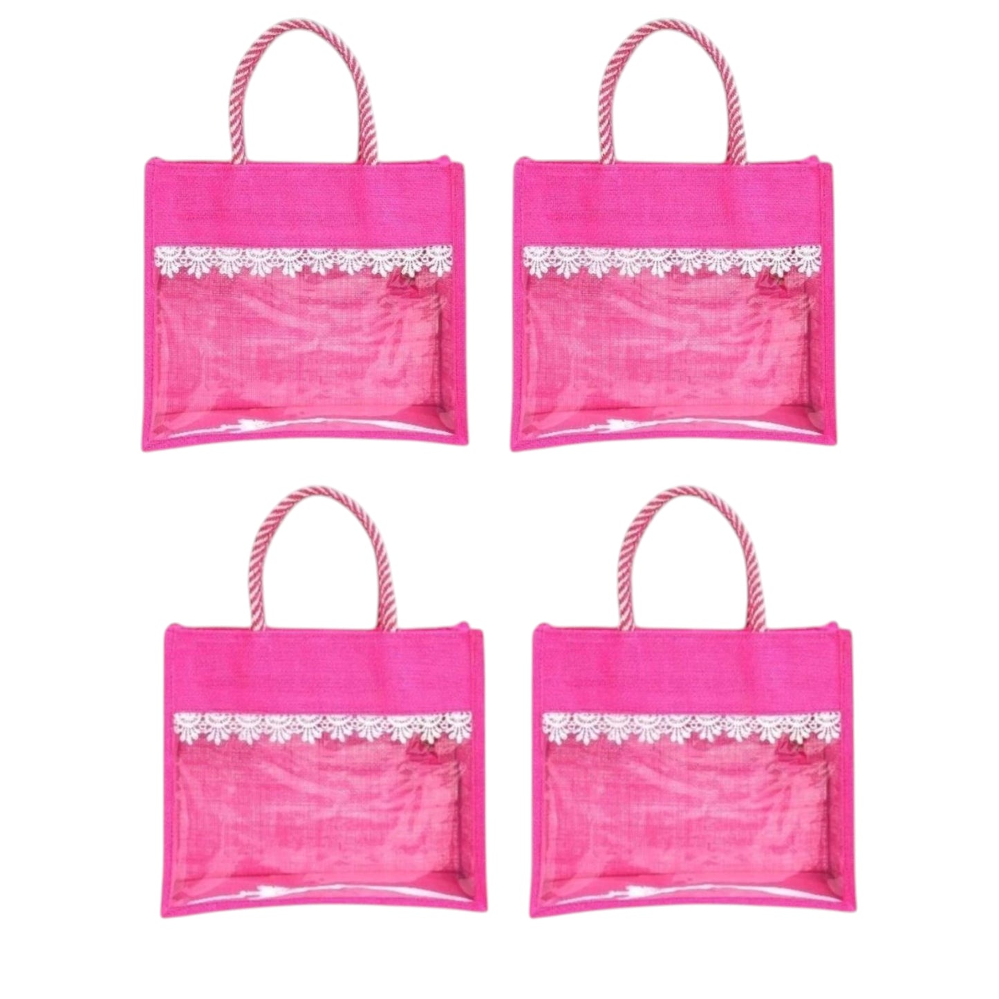 Clear Window Jute Gift Bag with Lace Border & Zipper | Reusable Hamper Tote – Orange, Blue & Pink (12×10×5 inch)