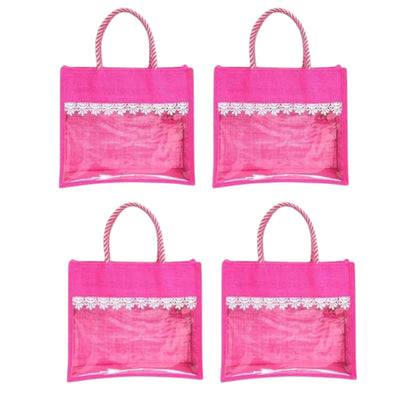 Clear Window Jute Gift Bag with Lace Border & Zipper | Reusable Hamper Tote – Orange, Blue & Pink (12×10×5 inch)