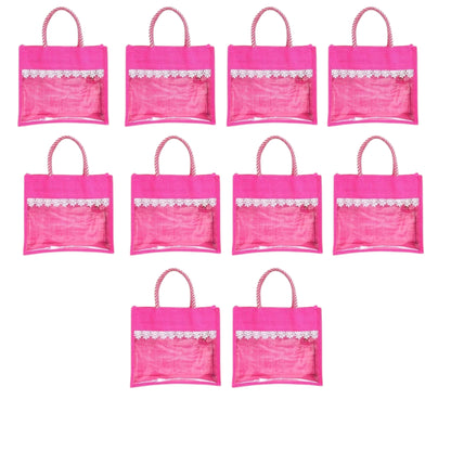 Clear Window Jute Gift Bag with Lace Border & Zipper | Reusable Hamper Tote – Orange, Blue & Pink (12×10×5 inch)