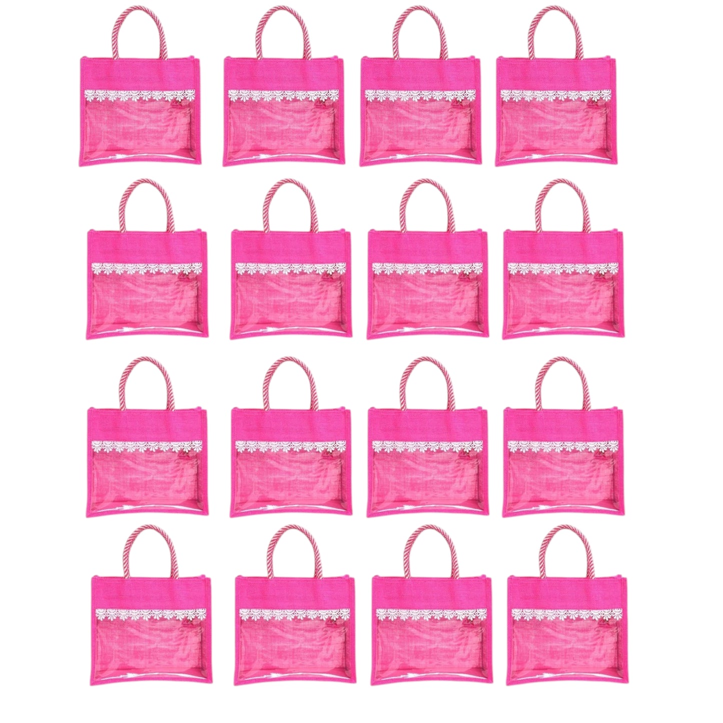 Clear Window Jute Gift Bag with Lace Border & Zipper | Reusable Hamper Tote – Orange, Blue & Pink (12×10×5 inch)