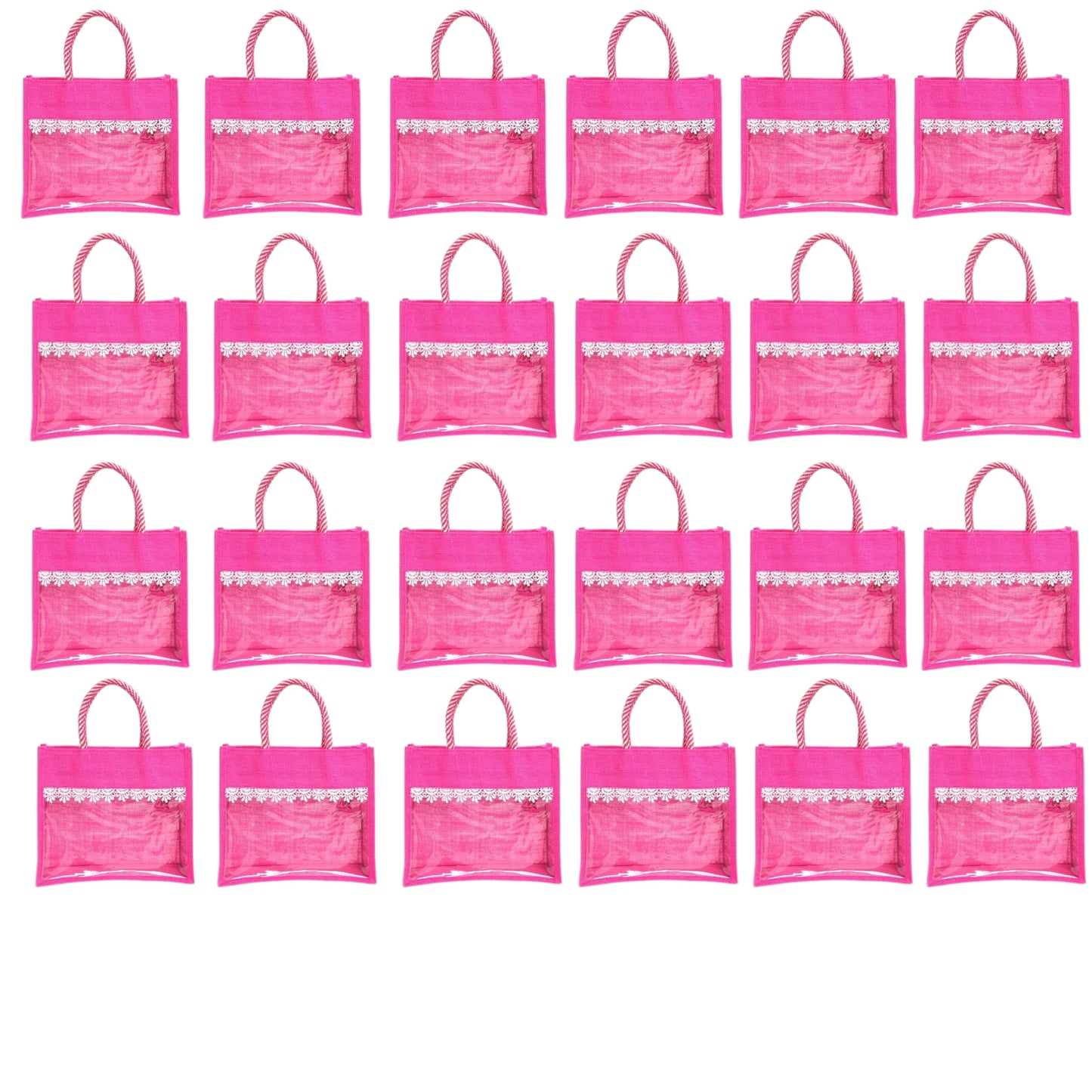 Clear Window Jute Gift Bag with Lace Border & Zipper | Reusable Hamper Tote – Orange, Blue & Pink (12×10×5 inch)