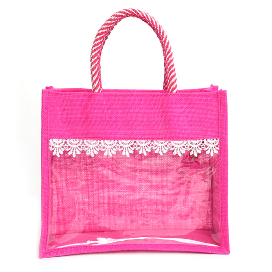 Clear Window Jute Gift Bag with Lace Border & Zipper | Reusable Hamper Tote – Orange, Blue & Pink (12×10×5 inch)