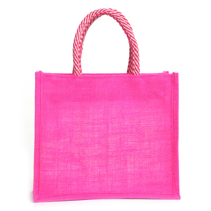 Clear Window Jute Gift Bag with Lace Border & Zipper | Reusable Hamper Tote – Orange, Blue & Pink (12×10×5 inch)