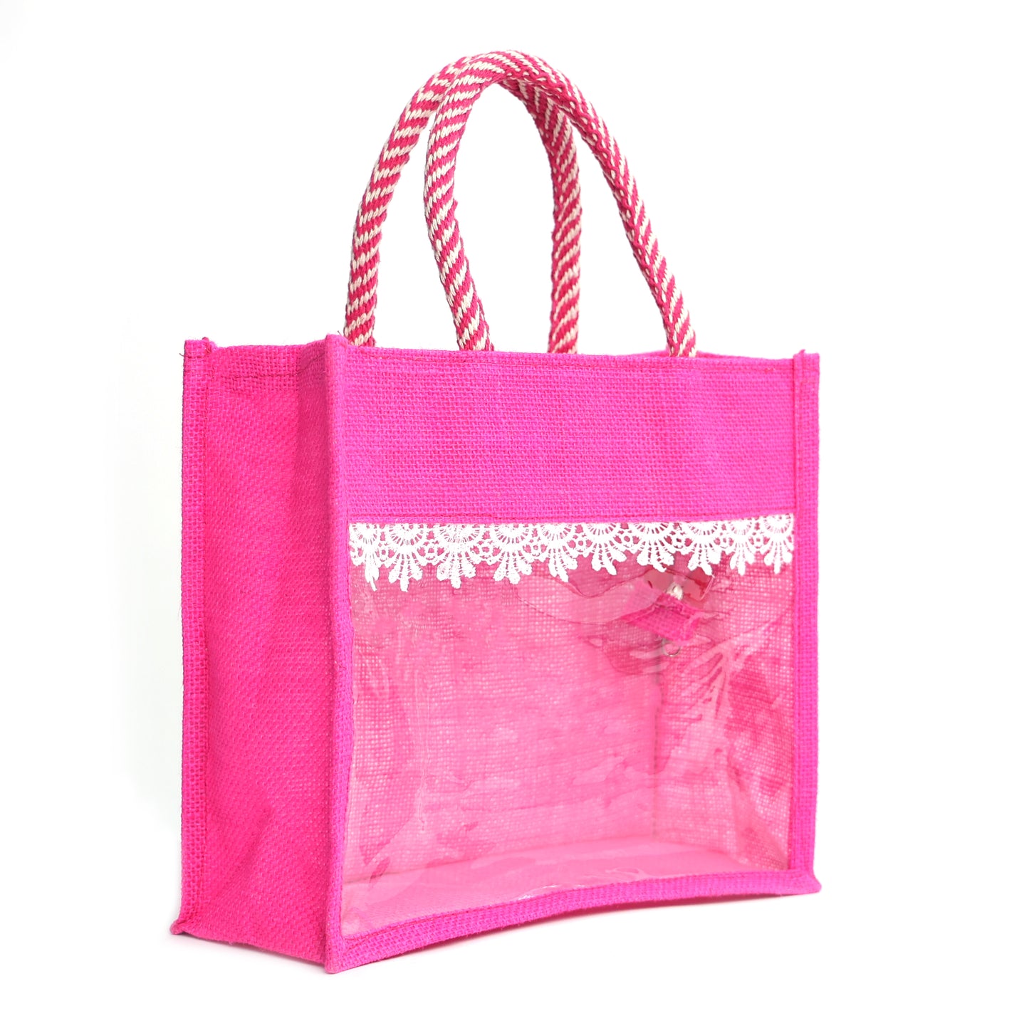 Clear Window Jute Gift Bag with Lace Border & Zipper | Reusable Hamper Tote – Orange, Blue & Pink (12×10×5 inch)