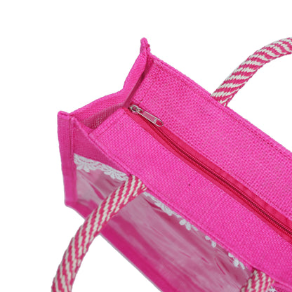 Clear Window Jute Gift Bag with Lace Border & Zipper | Reusable Hamper Tote – Orange, Blue & Pink (12×10×5 inch)