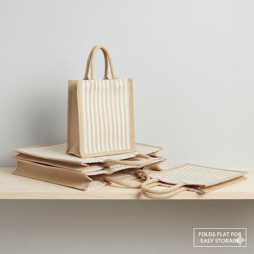 Large Striped Jute Tote Bag with Zipper |( 14x16x5 - 12x14x5 - 10x12x5 Inch ) Eco-Friendly Handbag for Women & Office Use (Combo of 3 Sizes)