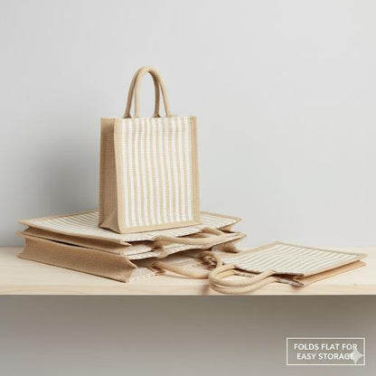 Large Striped Jute Tote Bag with Zipper |( 14x16x5 - 12x14x5 - 10x12x5 Inch ) Eco-Friendly Handbag for Women & Office Use (Combo of 3 Sizes)