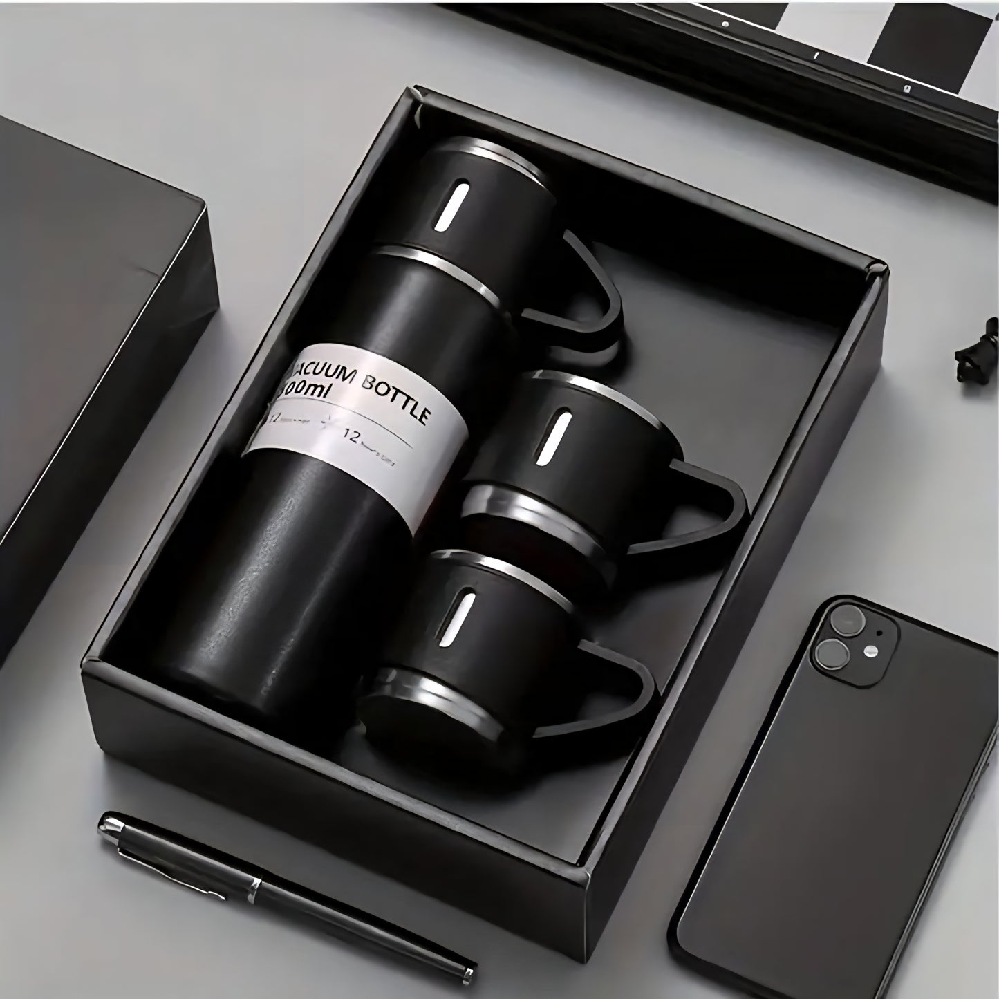 Etchvara 500ml Stainless Steel Thermo Flask – Vacuum Insulated Hot & Cold Water Bottle with 2 Cups, Custom Name/Text, Travel & Office Gift