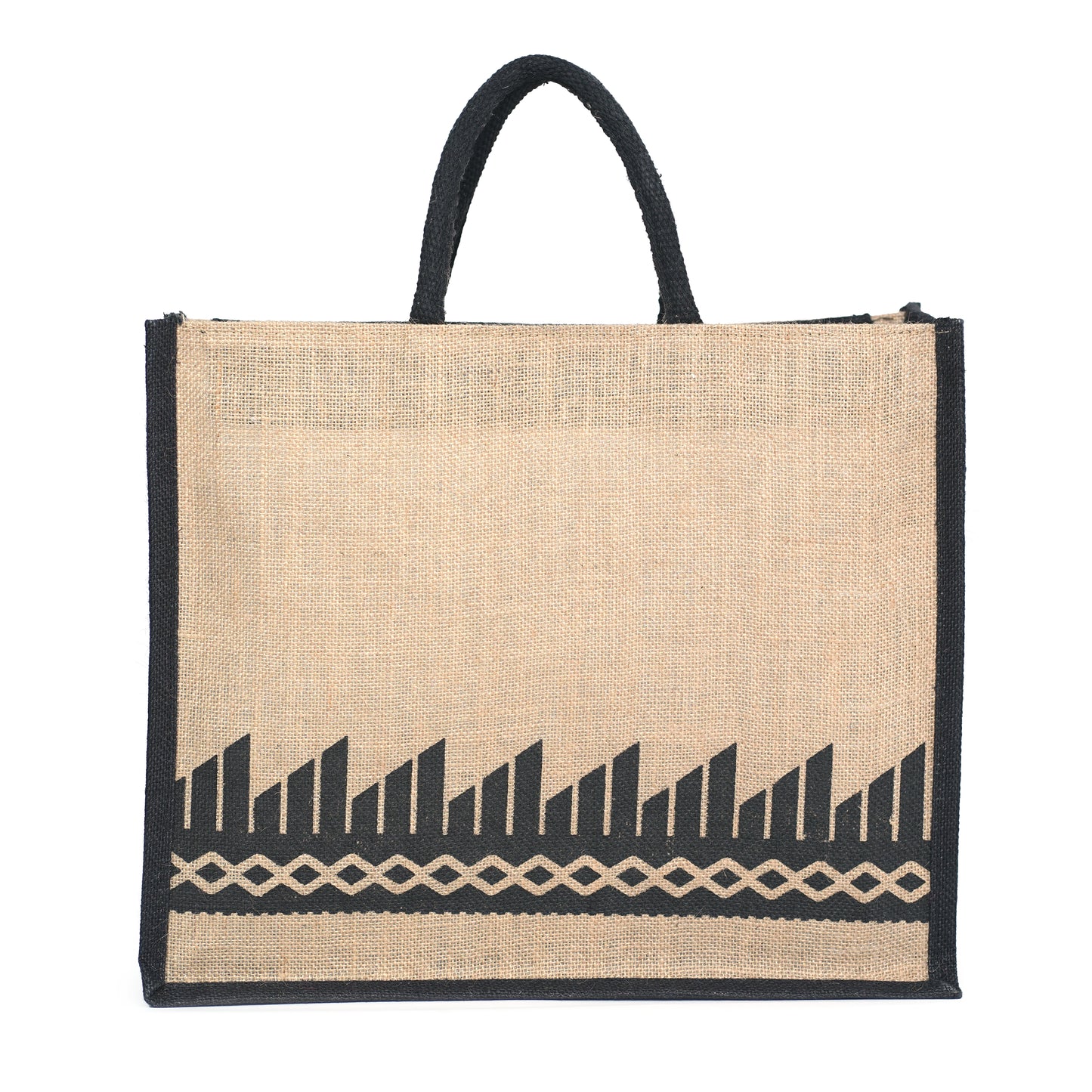 Black Border Tribal Printed Jute Bag with Zipper | Eco-Friendly Reusable Shopping Tote | 16×14×6 inch