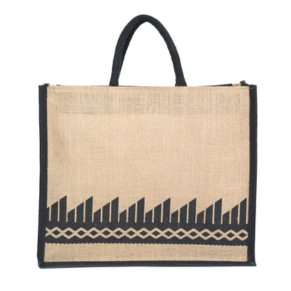 Black Border Tribal Printed Jute Bag with Zipper | Eco-Friendly Reusable Shopping Tote | 16×14×6 inch