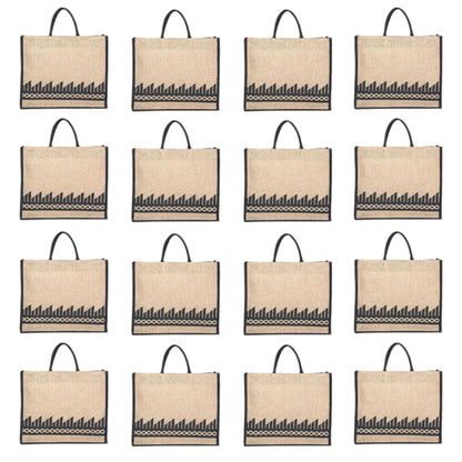 Black Border Tribal Printed Jute Bag with Zipper | Eco-Friendly Reusable Shopping Tote | 16×14×6 inch