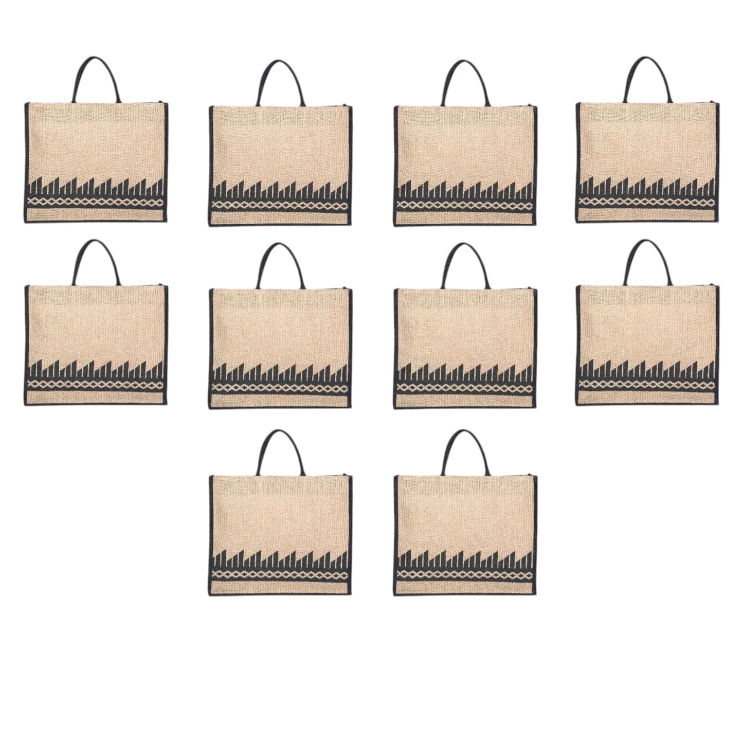 Black Border Tribal Printed Jute Bag with Zipper | Eco-Friendly Reusable Shopping Tote | 16×14×6 inch